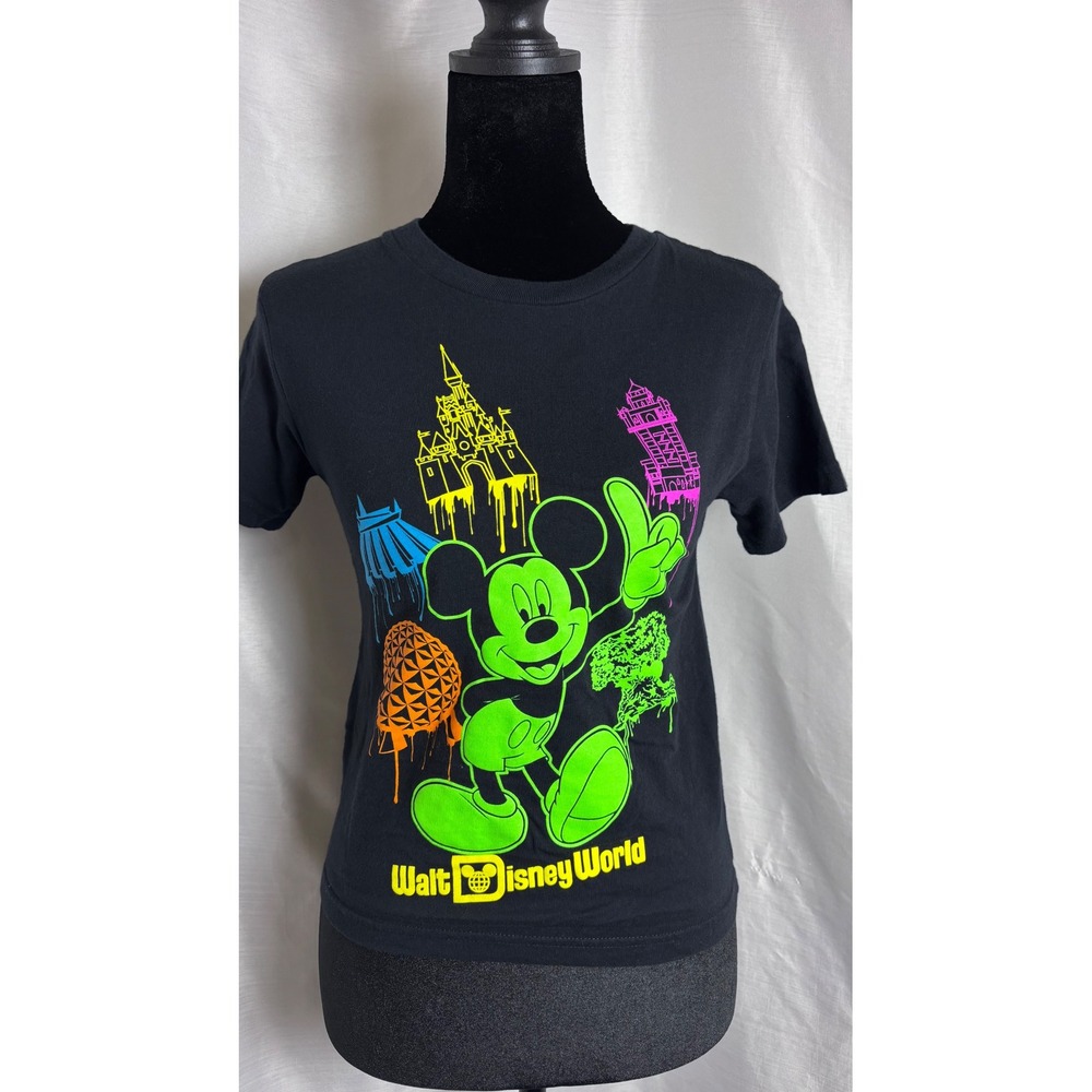 Disney Graphic Tee Womens XS Black Neon Mickey Mouse Excellent Y2K Drip Park
